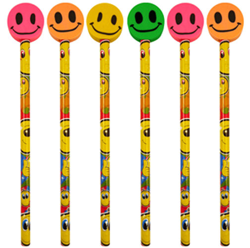 6 Happy Face Pencils & Eraser Topper