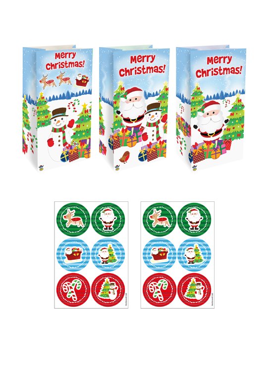 12 Christmas Paper Bags & Stickers